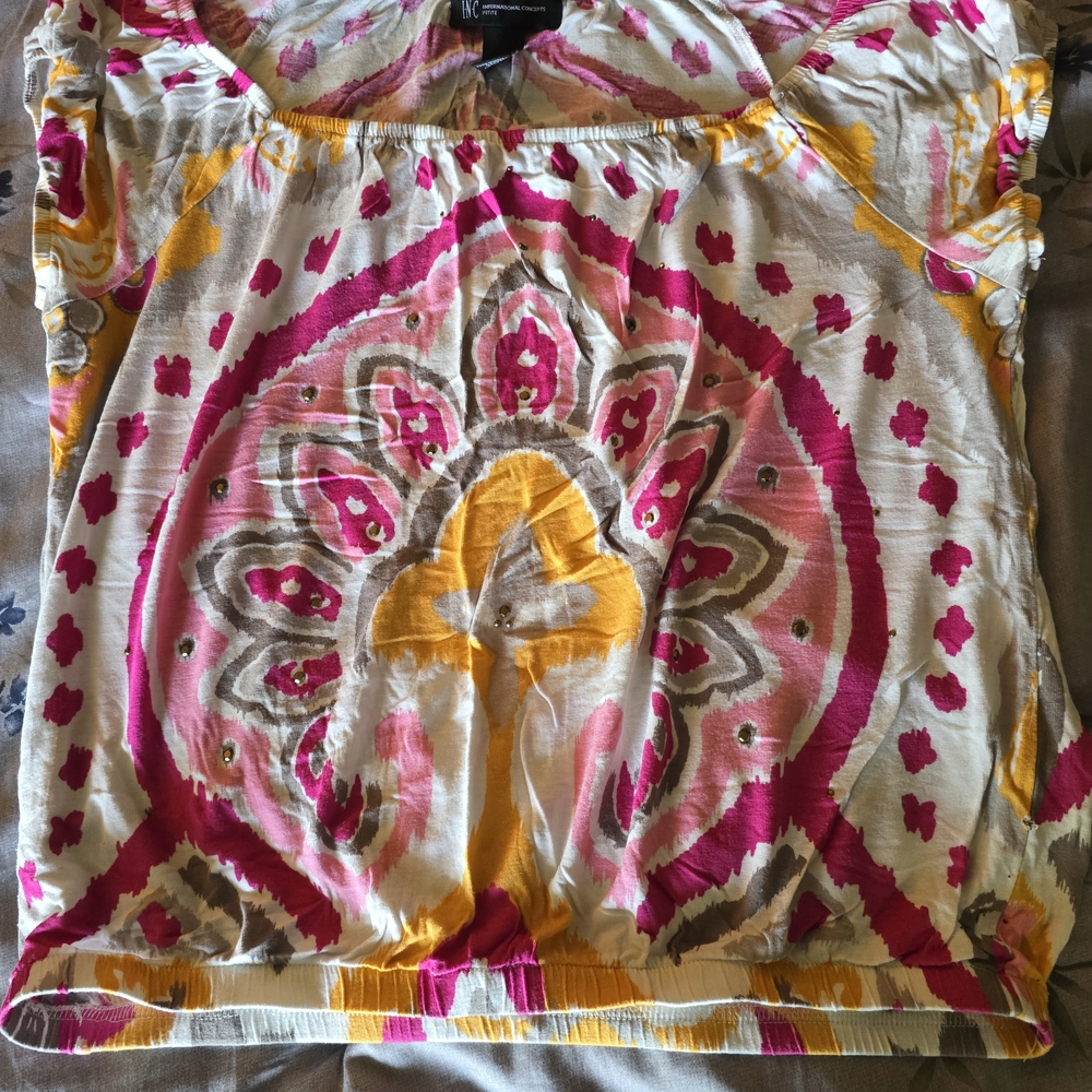 INC International Concepts Pink Graphic Blouse Short Sleeve